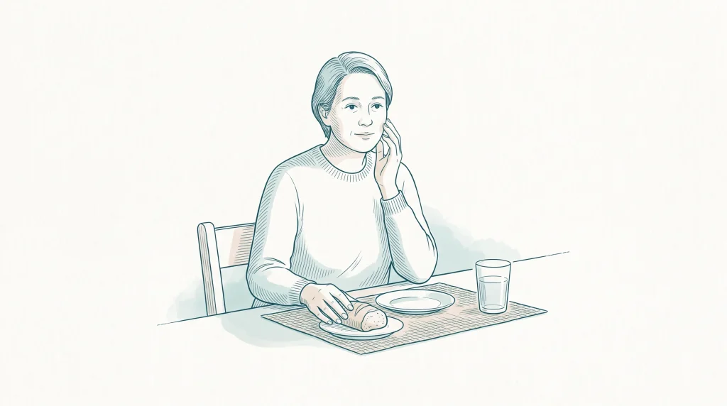 An adult pauses during a meal with a hand against their cheek after noticing discomfort and considering dental care.