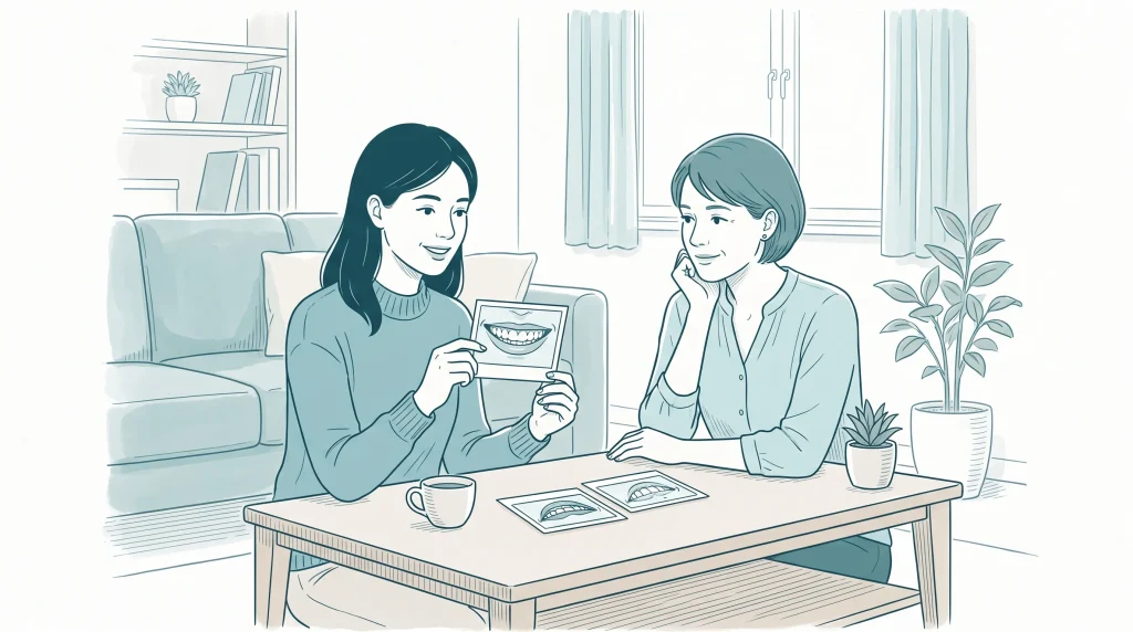An adult reviews printed smile photographs with a friend, considering which features to discuss before dental treatment.