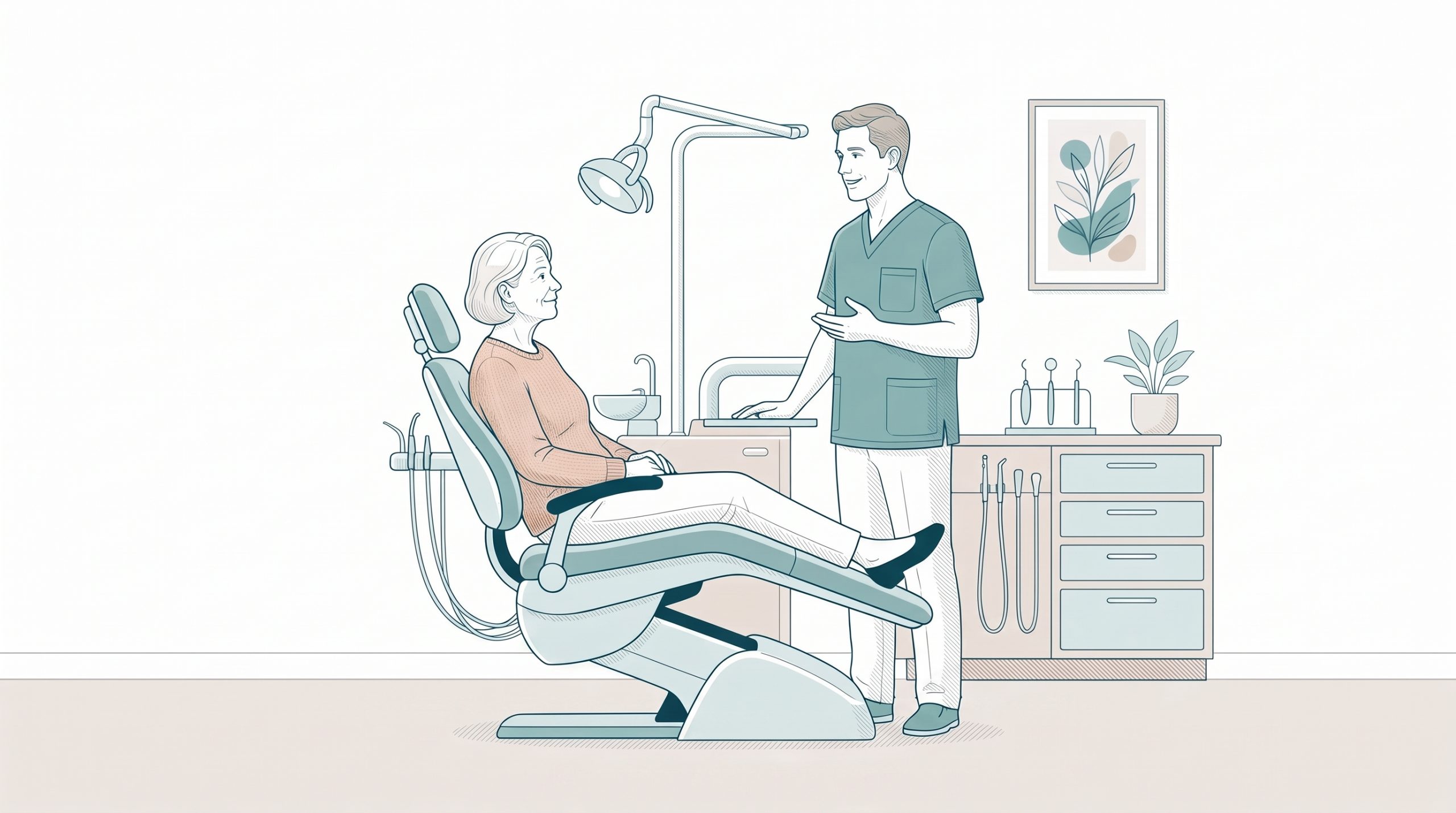 An older woman chats with her dentist beside a dental chair in a Geelong clinic, with examination tools and a leafy plant nearby.
