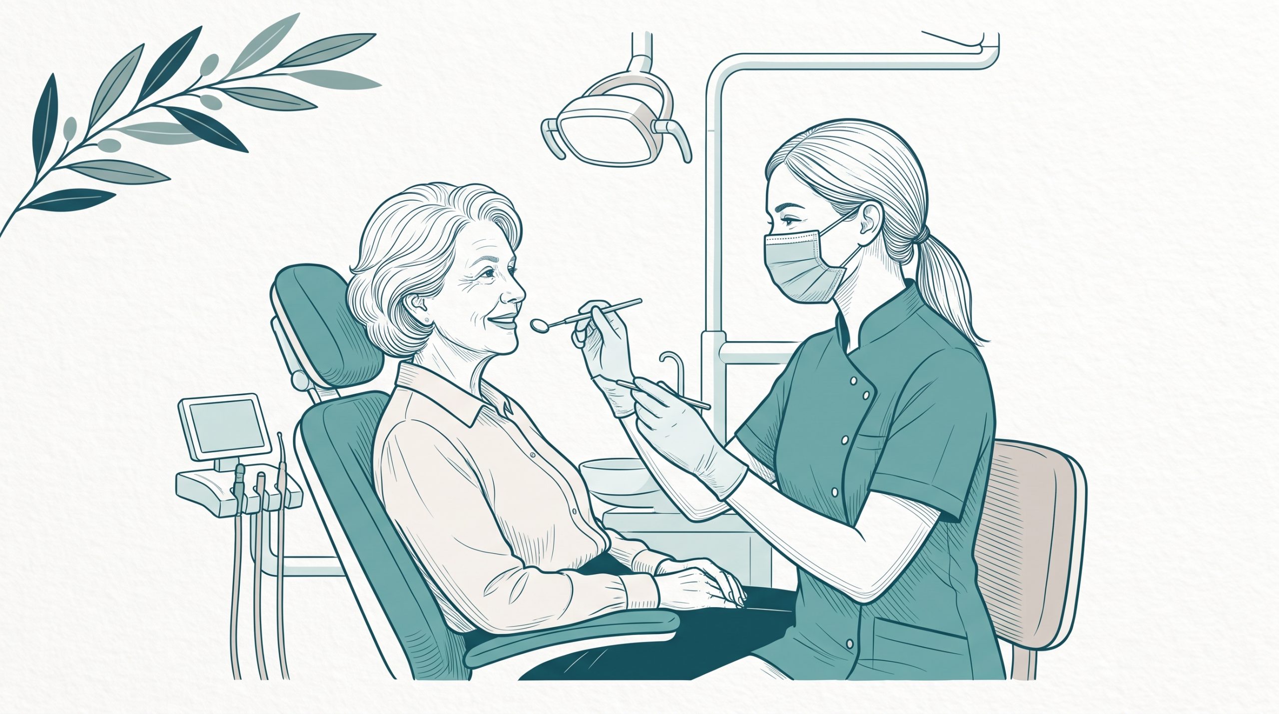 An older woman smiles from a dental chair as a masked dentist examines her teeth with a mirror, illustrating general dental care for older adults.