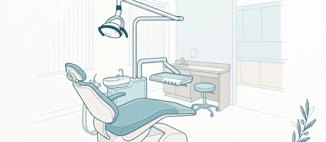A calm dental treatment room with a chair, overhead light and tray unit ready for a first appointment.