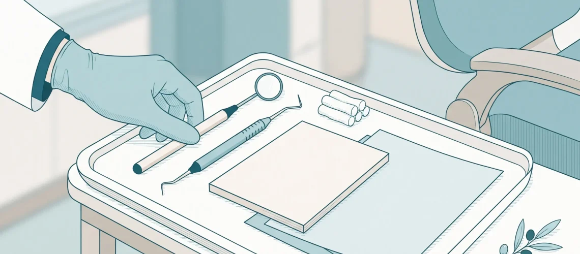 A dental tray holds a mirror, probe and notes beside a chair as part of a general dentist appointment.