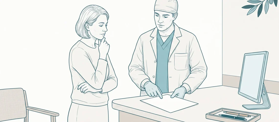 A dentist and adult patient discuss a dental estimate at a clinic counter with a blank sheet and small monitor nearby.