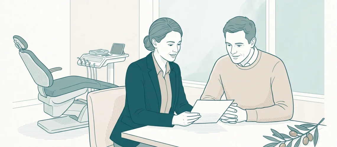 A dentist and adult patient discuss treatment options and costs in a calm consultation room.