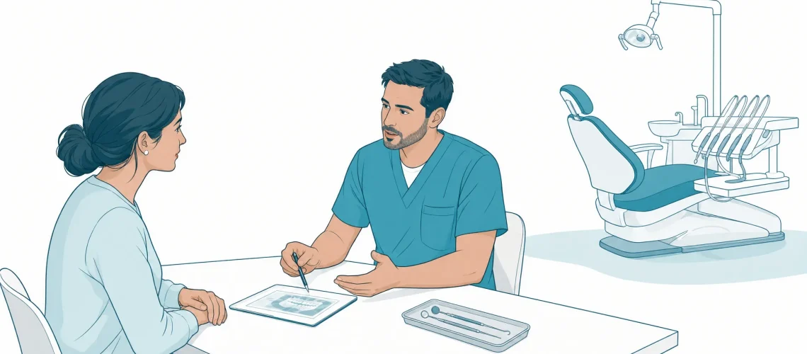 A dentist and adult patient talk beside a dental chair during an appointment overview.