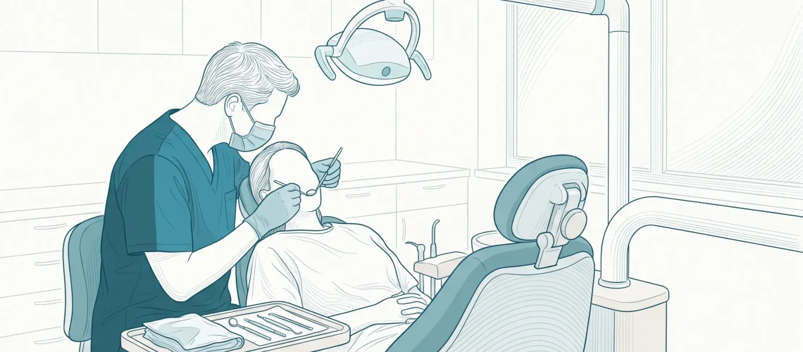 A dentist examines an adult patient in a dental chair during an urgent care visit.