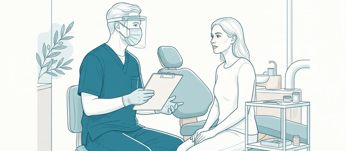 A dentist explains dental surgery options to an adult patient beside a treatment chair.