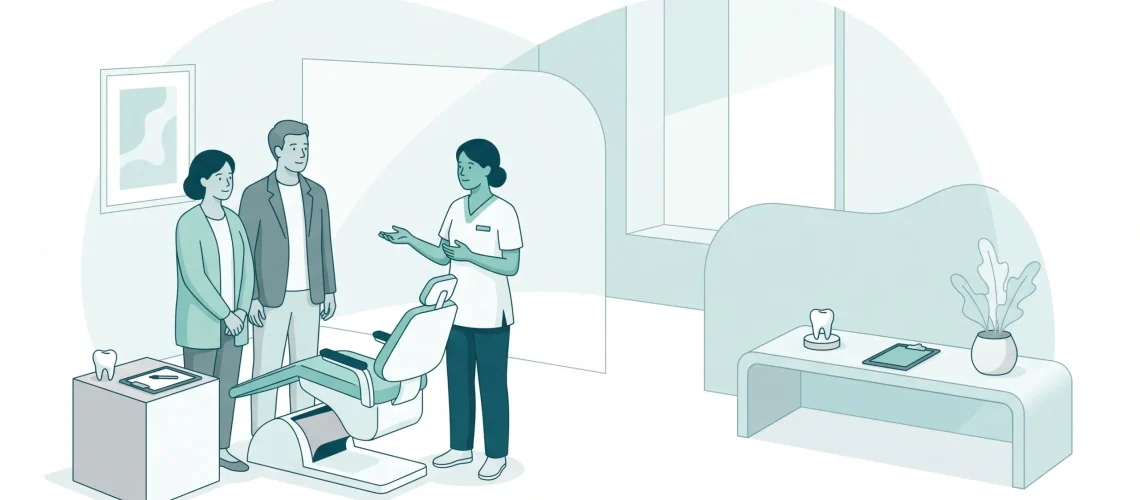 A family dental clinic scene shows adults speaking with a clinician beside a chair and consultation items.