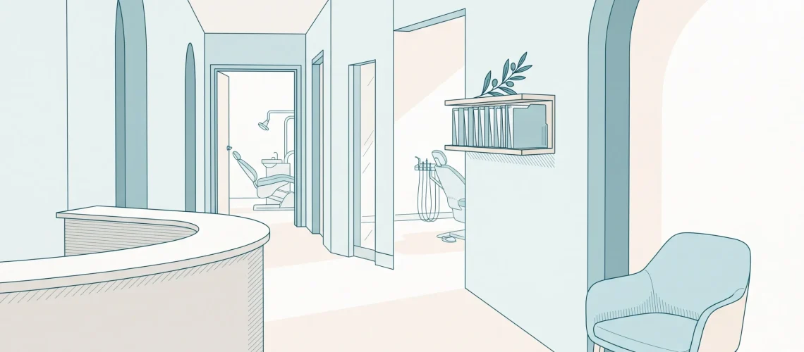 A quiet dental clinic corridor suggests a place for routine care and appointments.