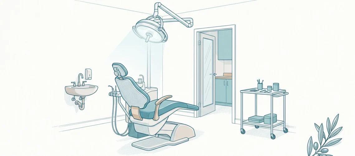 A quiet dental surgery interior shows the chair, light and tray trolley ready for a check-up.
