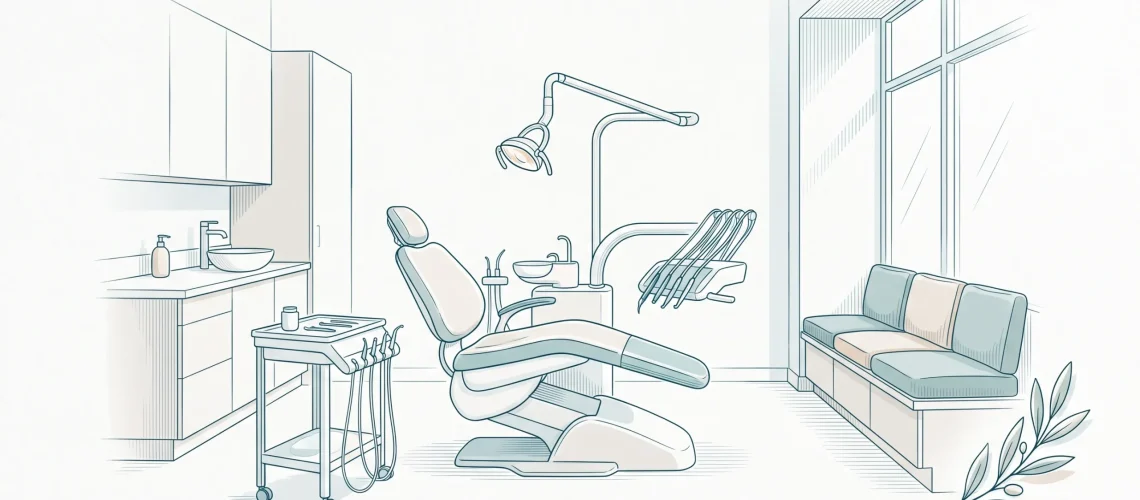 A quiet dental treatment room shows the setting for a routine visit and broader oral examination.