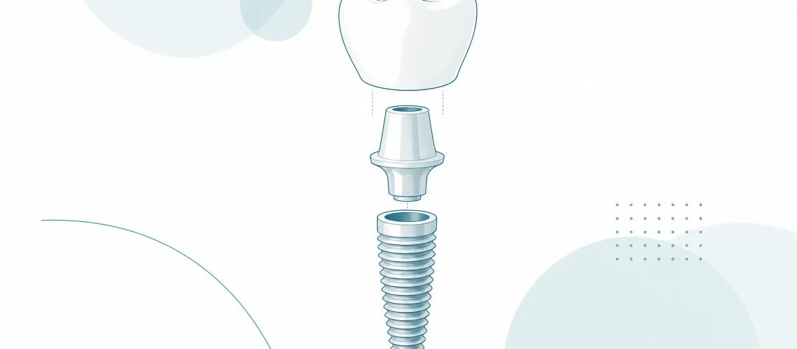 A separated dental implant crown, abutment and fixture float in a clean white space.