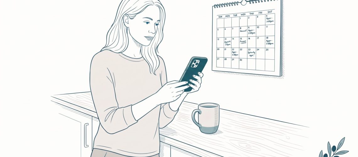 A woman checks her phone beside a wall calendar with appointment notes, suggesting she is searching for dental care in Geelong.