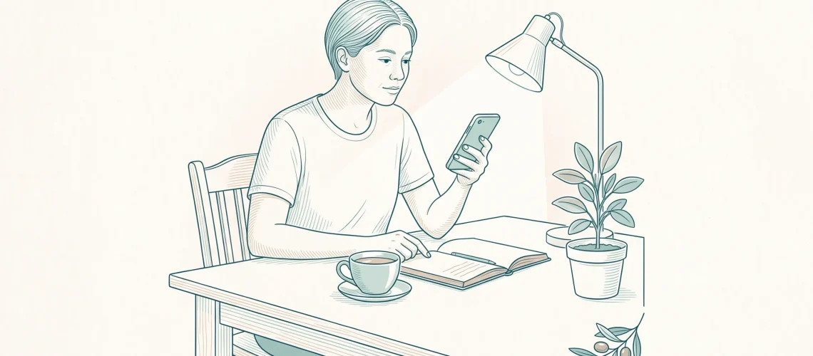 An adult at home reads dental reviews on a phone while deciding which clinic to contact.