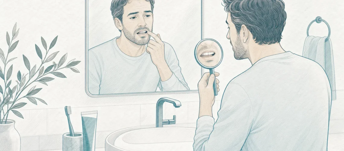 An adult checks a chipped tooth in a bathroom mirror before arranging a dental restore appointment.