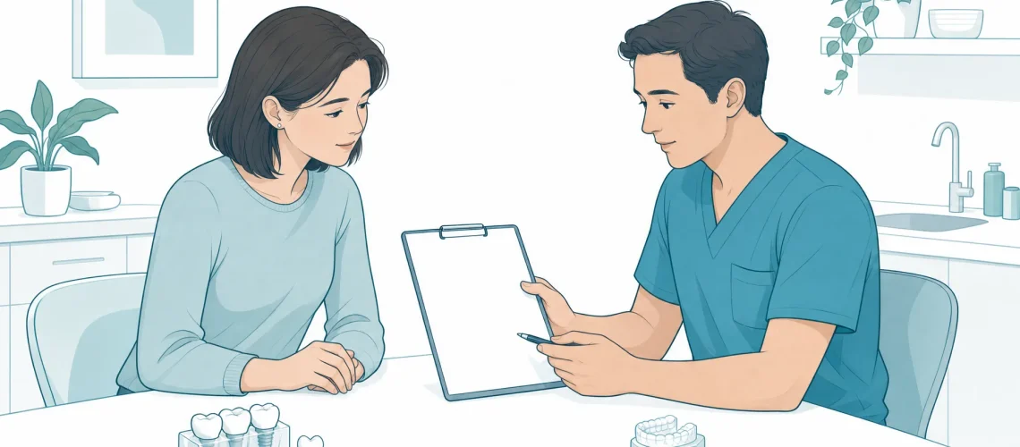 An adult patient and dentist review a treatment estimate in a calm consultation about dental fees.
