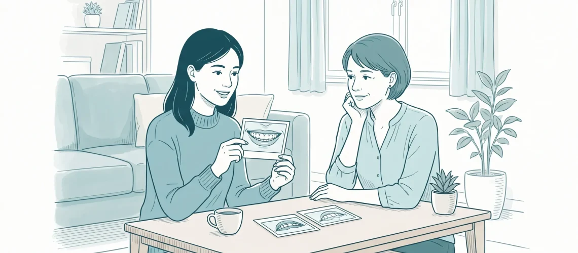 An adult reviews printed smile photographs with a friend, considering which features to discuss before dental treatment.