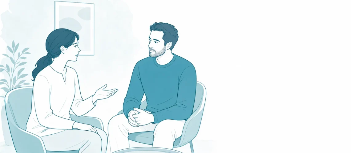 Two adults discuss a dental concern in a calm clinic consultation scene.